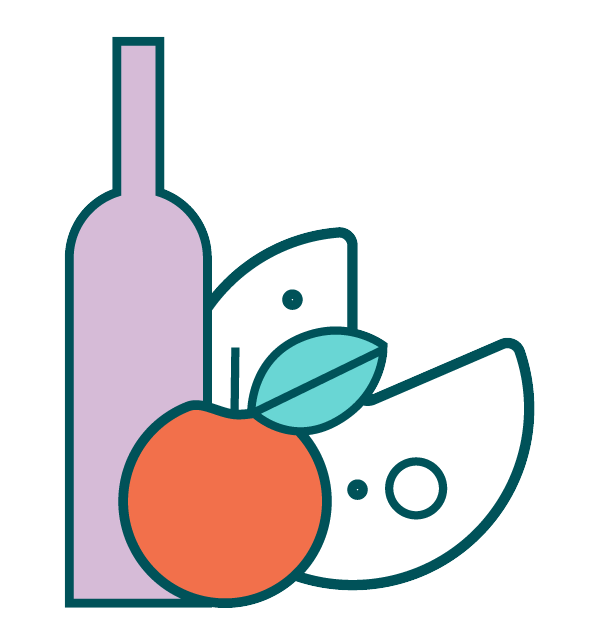 Icon of cheese, apple, and bottle of wine